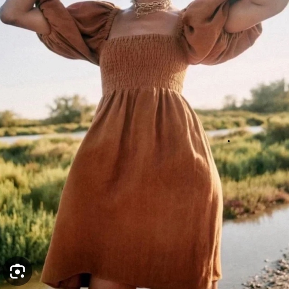 Sezane Carlie Puff Sleeves Smocked Dress